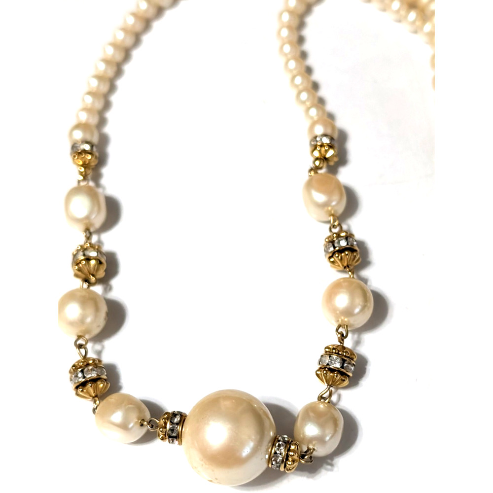 Liz Claiborne Faux Pearl Rhinestone Necklace ADJ 27" long Gold-tone VTG wh3-41